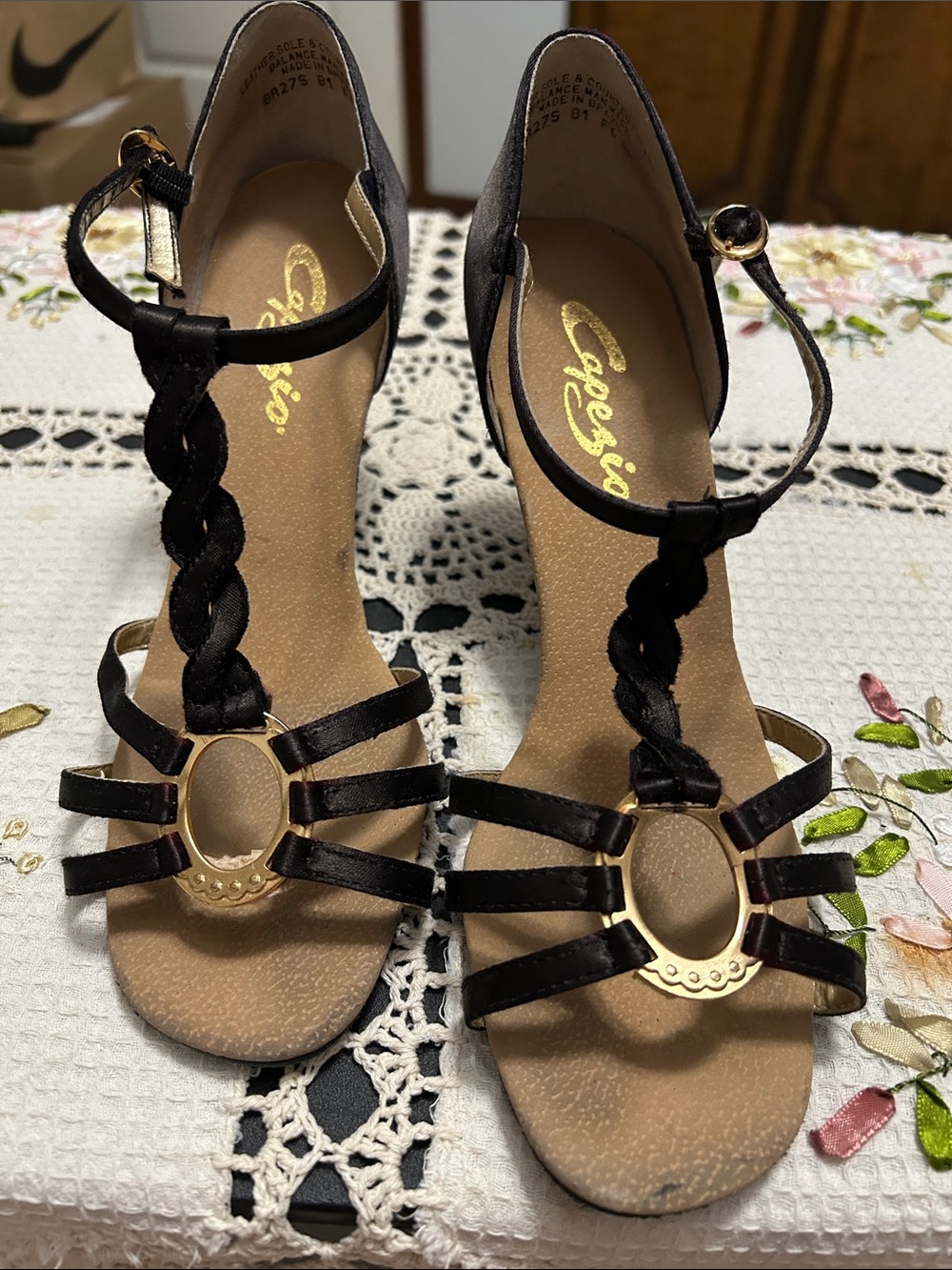 Capezio Black Braided T-Strap Heels with Gold Ring